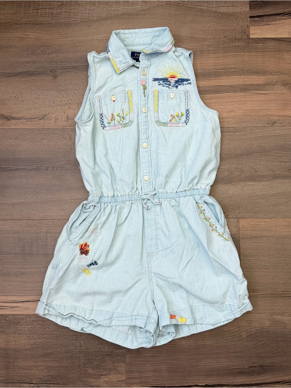 POLO Ralph Lauren Girls Embroidered Cotton Chambray Romper Size 14
